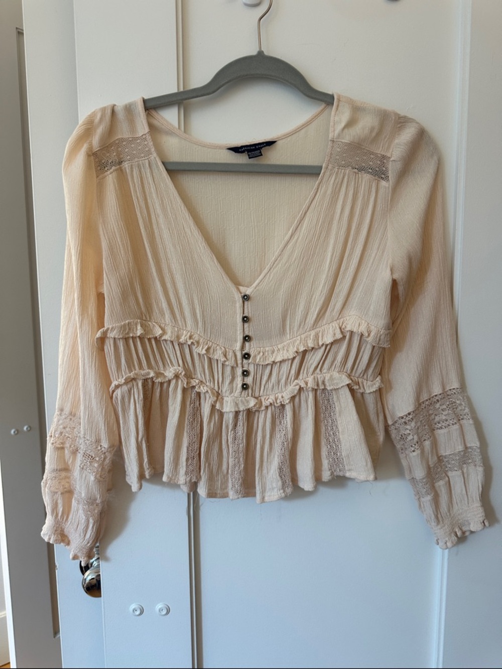 American Eagle Light Pink Lon Sleeve Blouse with Ruffle & Lace Detail